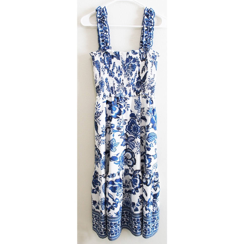 THML White and Blue Floral Midi Dress